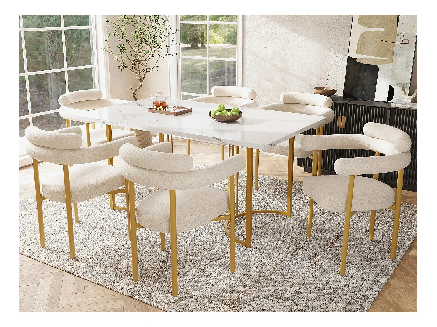 Set mit 6 Samtstühlen - moderner Stil - Goldene Stuhlbeine - Weiß und Gold