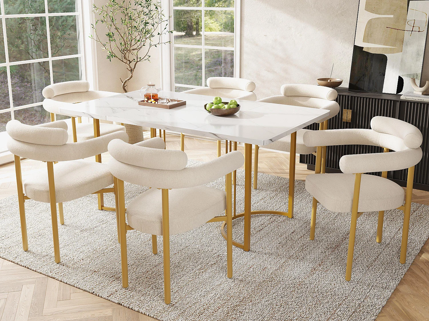 Set mit 6 Samtstühlen - moderner Stil - Goldene Stuhlbeine - Weiß und Gold