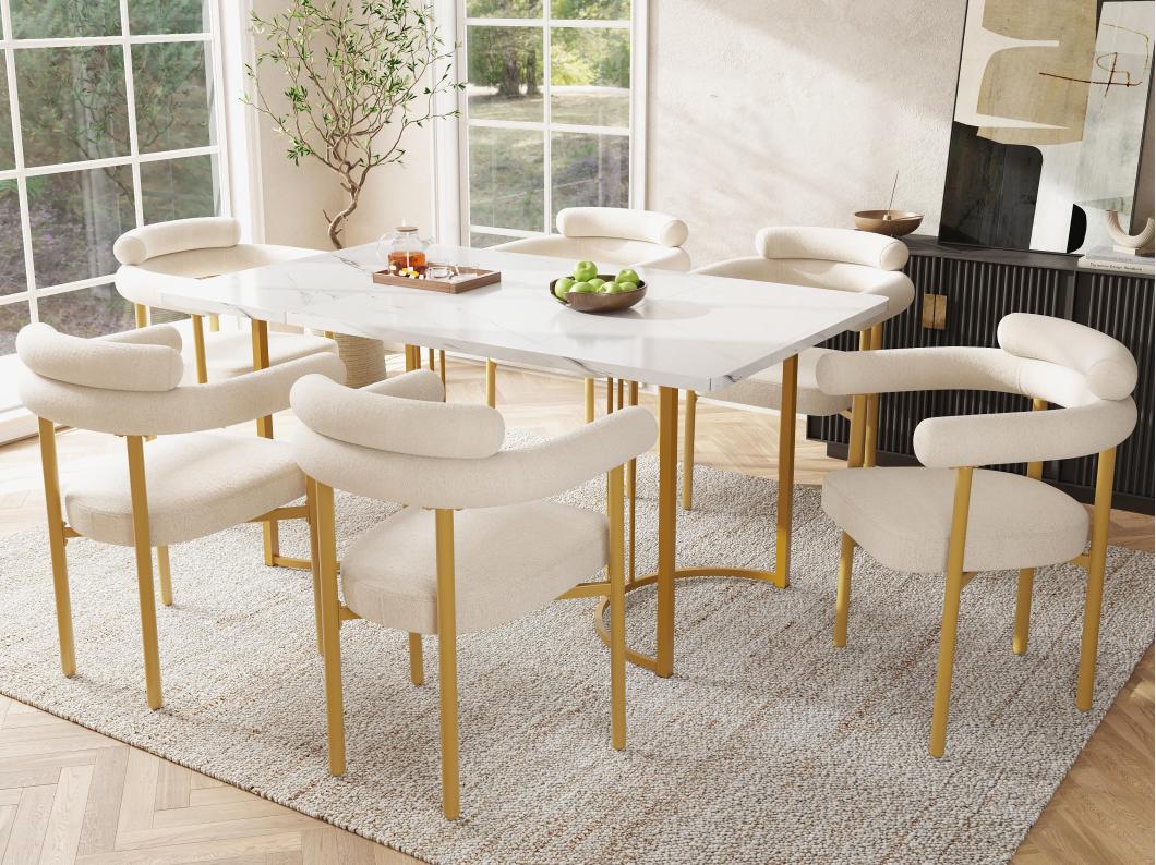 Set van 6 fluwelen stoelen - moderne stijl - Gouden stoelpoten - Wit en Goud