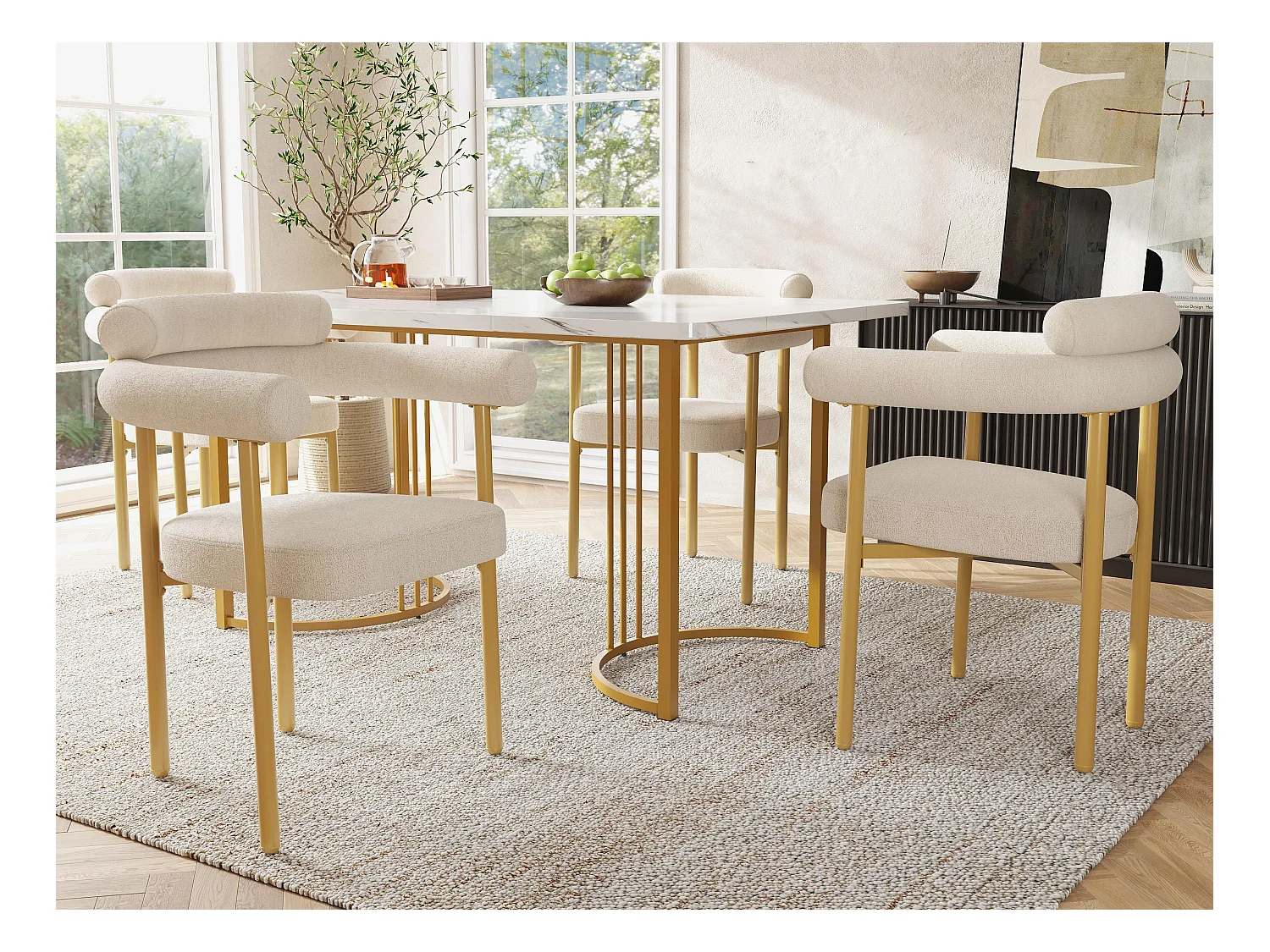 Set mit 4 Samtstühlen - moderner Stil - Goldene Stuhlbeine - Weiß und Gold