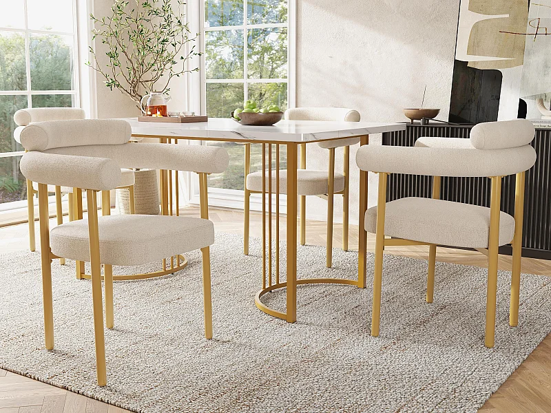 Lot de 4 chaises en velours - style mode moderne - Pieds de chaise dorés - Blanc & Doré