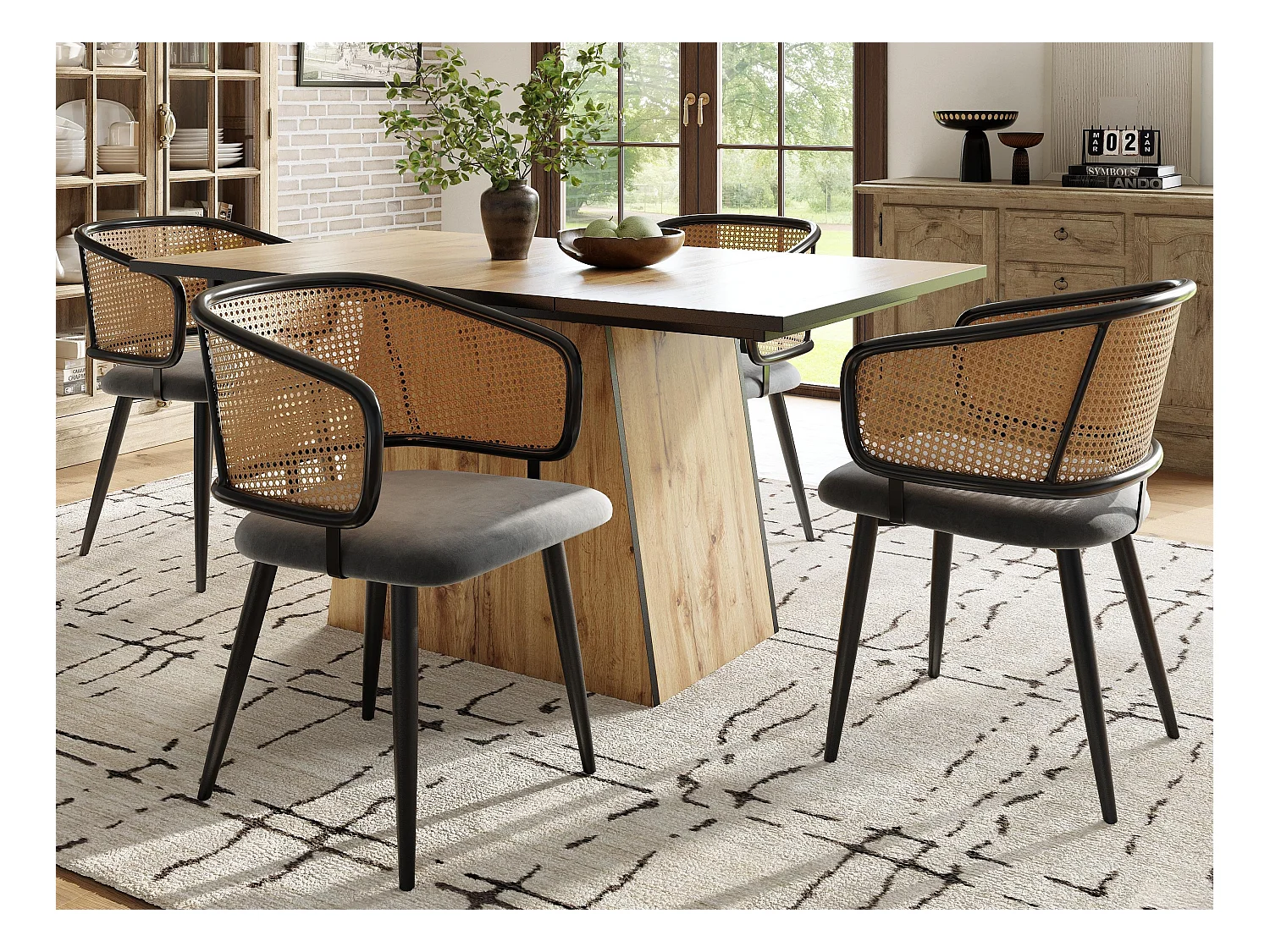 Lot de 4 Chaises - Dossier en rotin et coussin d'assise en velours - pieds en métal - Noir+Naturel