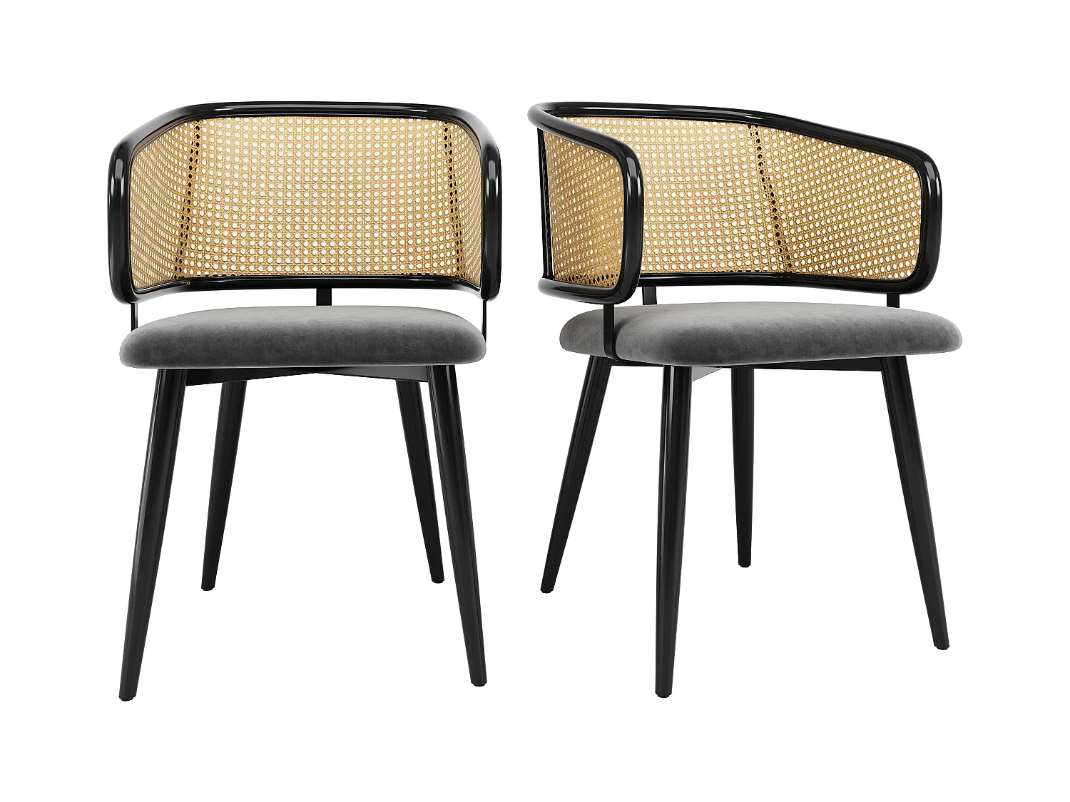 Lot de 4 Chaises - Dossier en rotin et coussin d'assise en velours - pieds en métal - Noir+Naturel