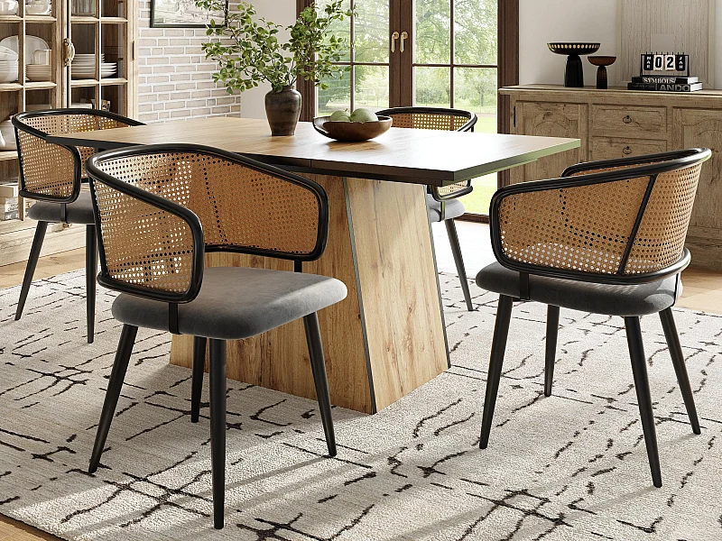 Set mit 4 Stühlen - Rückenlehne aus Rattan und Sitzkissen aus Samt - Metallfüße - Schwarz+Natur