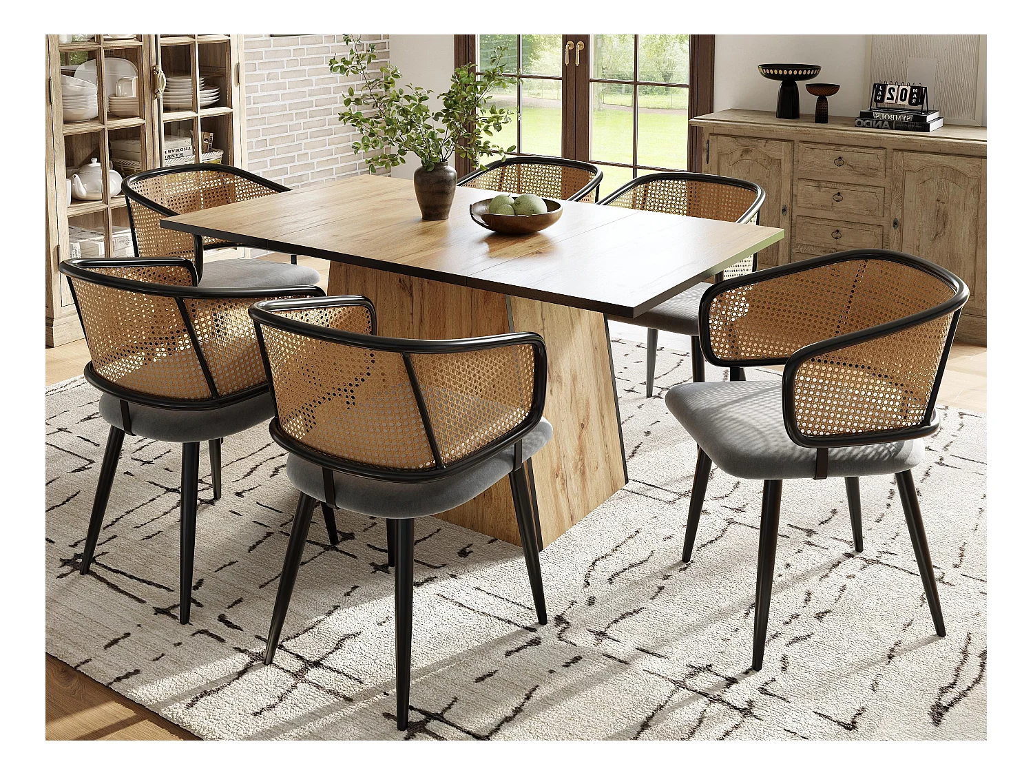 Lot de 6 Chaises - Dossier en rotin et coussin d'assise en velours - pieds en métal - Noir+Naturel