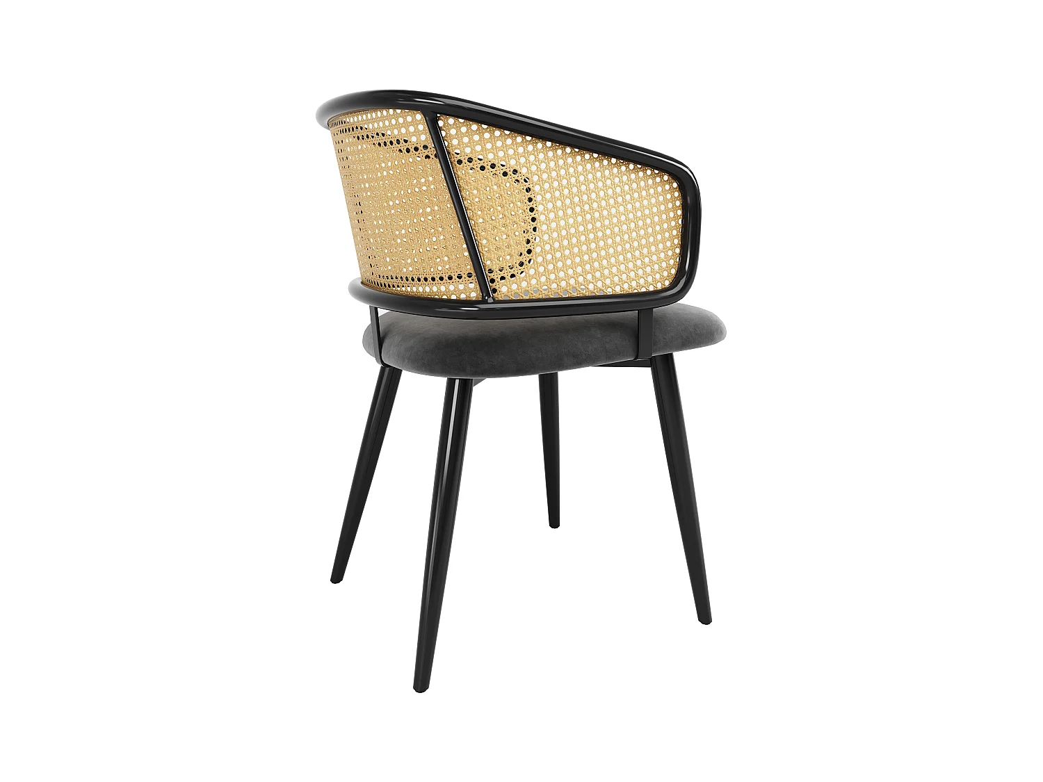 Lot de 6 Chaises - Dossier en rotin et coussin d'assise en velours - pieds en métal - Noir+Naturel