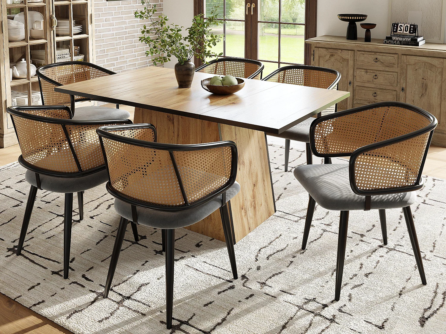 Lot de 6 Chaises - Dossier en rotin et coussin d'assise en velours - pieds en métal - Noir+Naturel