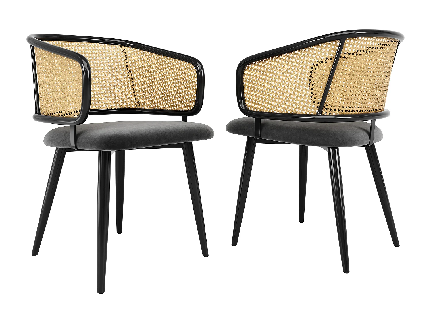 Lot de 6 Chaises - Dossier en rotin et coussin d'assise en velours - pieds en métal - Noir+Naturel