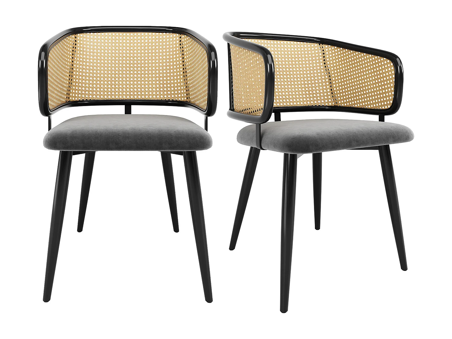 Lot de 6 Chaises - Dossier en rotin et coussin d'assise en velours - pieds en métal - Noir+Naturel