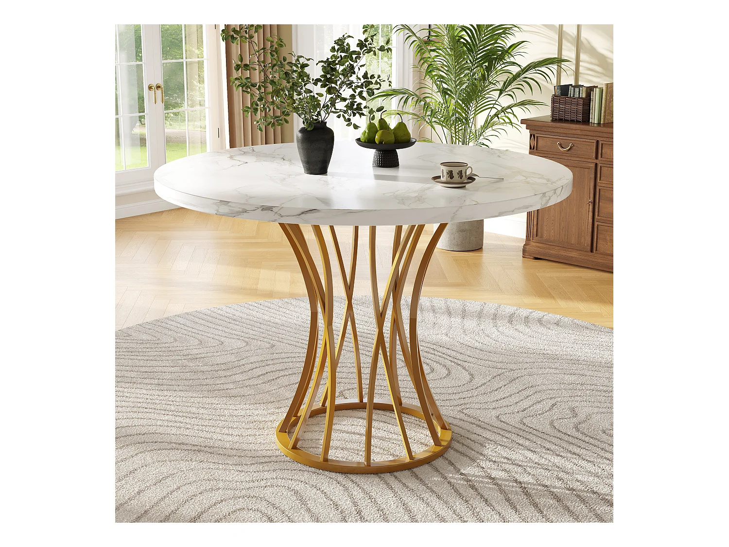 Table à manger ronde 80x80x76cm - Cadre en métal - placage à motif marbre - 2 à 6 personnes - Blanc & Doré