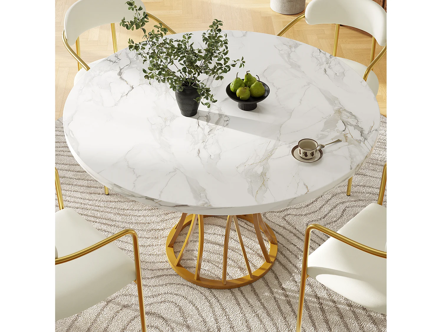 Table à manger ronde 80x80x76cm - Cadre en métal - placage à motif marbre - 2 à 6 personnes - Blanc & Doré