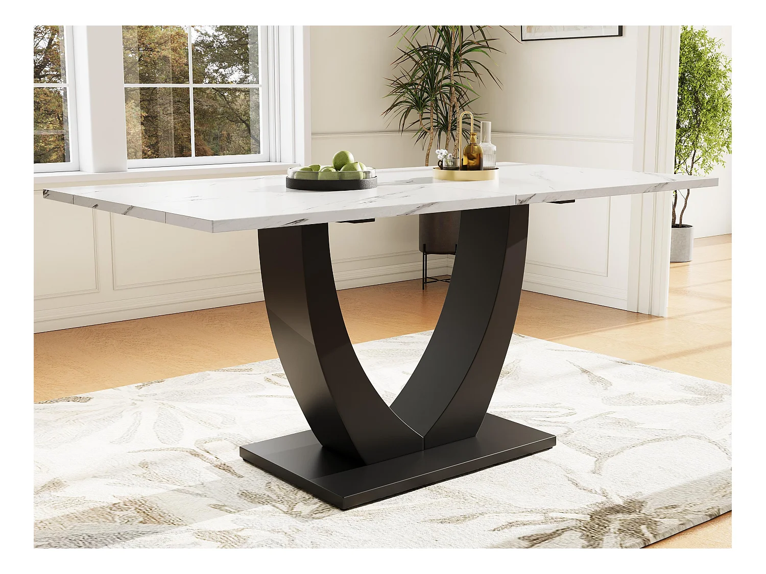 Mesa 140x75x75,5 cm - Tampos de mármore artificial - MDF - Para 4 a 6 pessoas - Branco e Preto