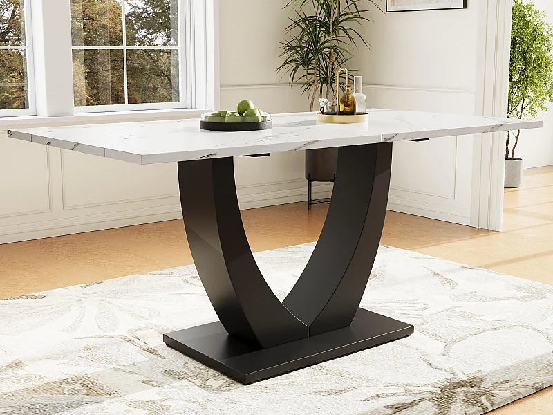 Table à manger 140x75x75.5cm - Plateau de table en marbre artificiel - MDF - 4 à 6 personnes - Blanc + Noir