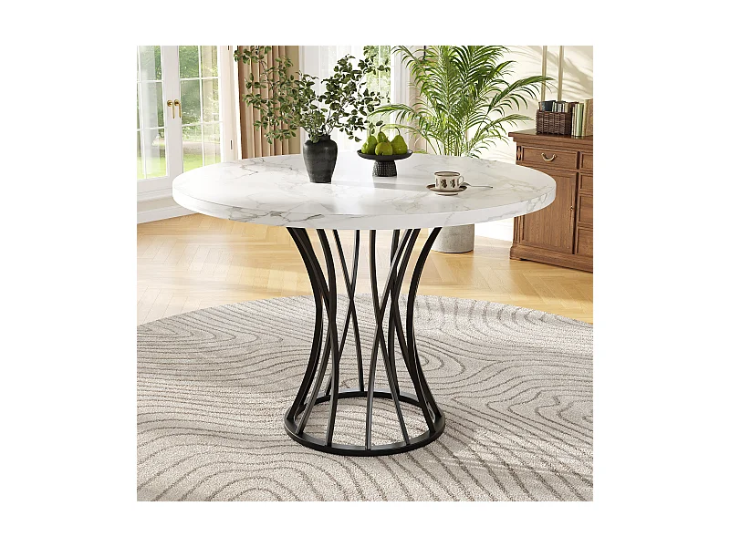 Ronde eettafel 80x80x76 cm - Metalen frame - marmerpatroon fineer - Voor 2-6 personen - Wit en Zwart