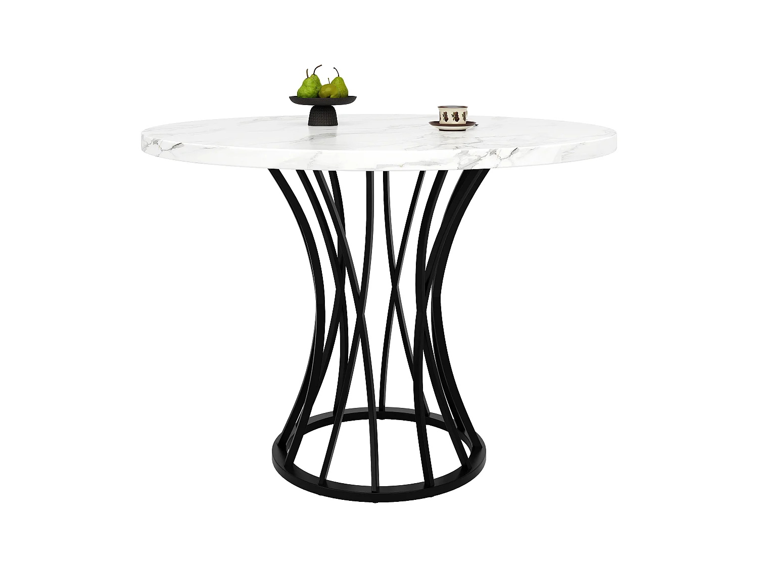 Table à manger ronde 80x80x76cm - Cadre en métal - placage à motif marbre - 2 à 6 personnes - Blanc & Noir