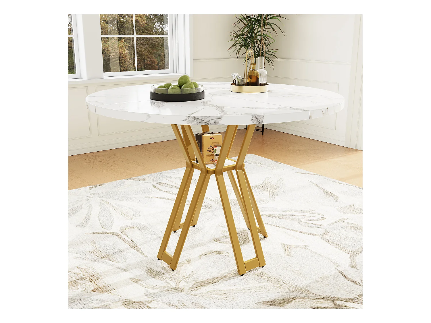 Ronde eettafel 100x100x76 cm - Metalen frame - marmerpatroon fineer - Voor 2-6 personen - Wit en Goud