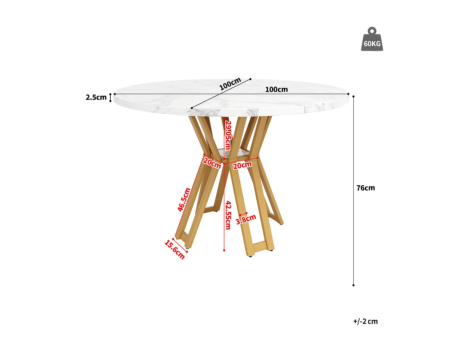 Table à manger ronde 100x100x76cm - Cadre en métal - placage à motif marbre - 2 à 6 personnes - Blanc & Doré