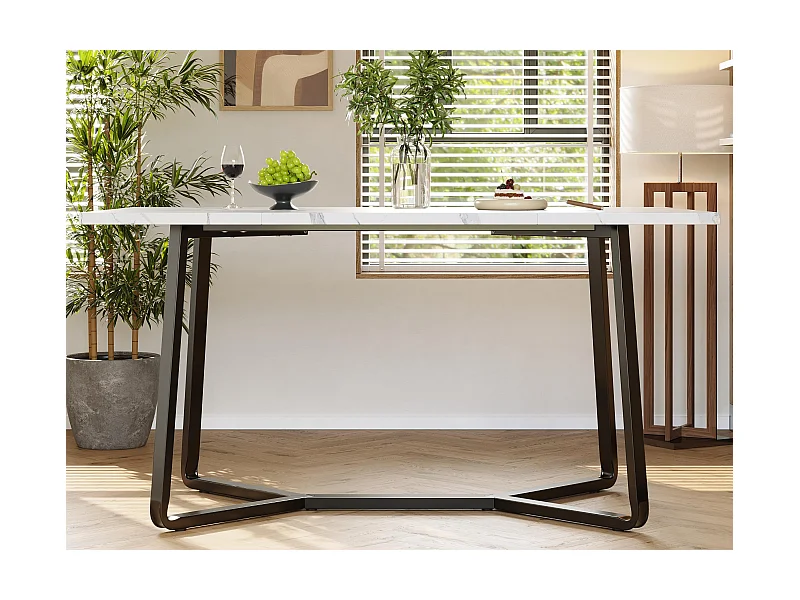 Esstisch 138,5x75x76 cm - Tischplatte aus Kunstmarmor - MDF - Für 4-6 Personen - Weiß und Schwarz