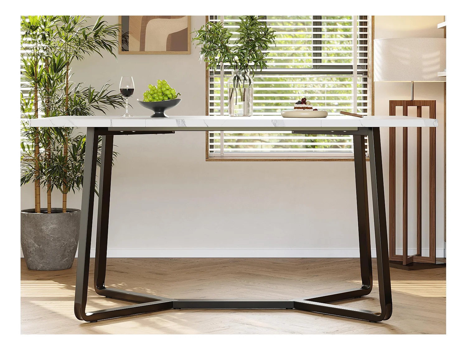 Table à manger 138.5x75x76cm - Plateau de table en marbre artificiel - MDF - 4 à 6 personnes - Blanc + Noir