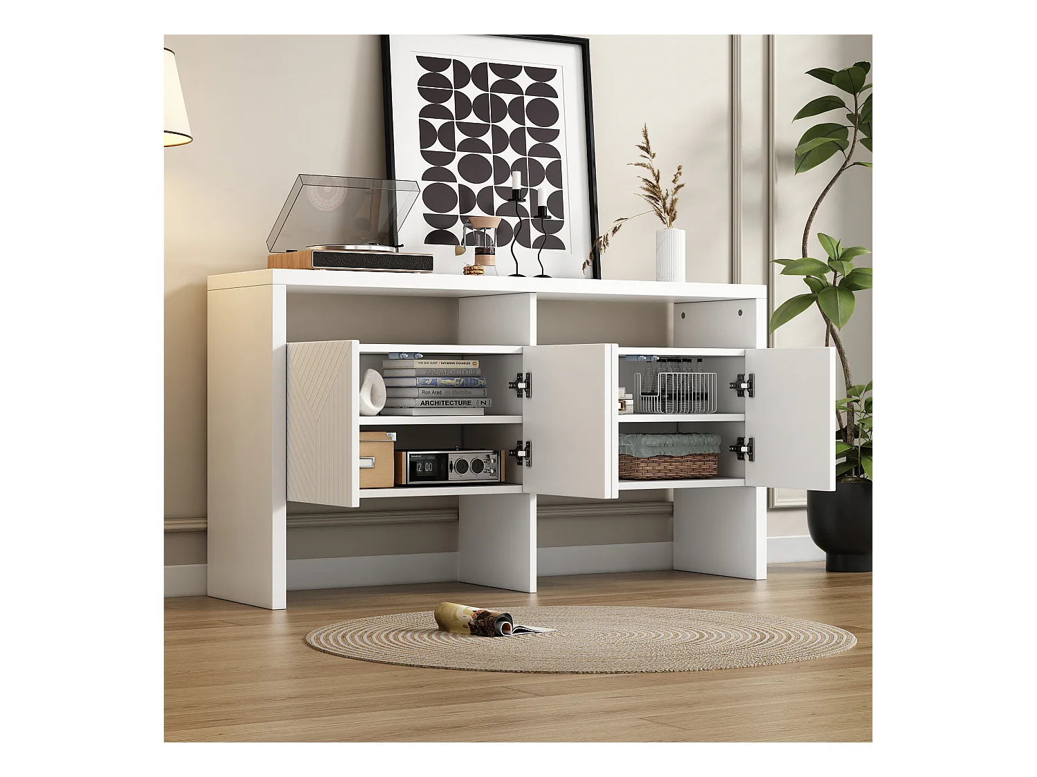 Buffet moderno 140 x 35 x 75 cm - con 4 puertas - 2 compartimentos abiertos - MDF - Blanco