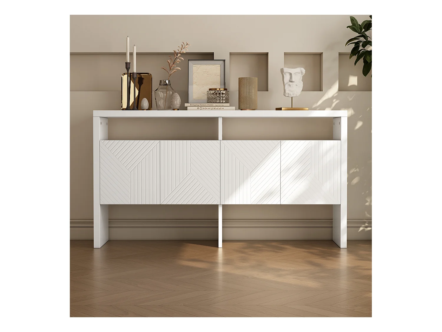 Buffet moderno 140 x 35 x 75 cm - con 4 puertas - 2 compartimentos abiertos - MDF - Blanco