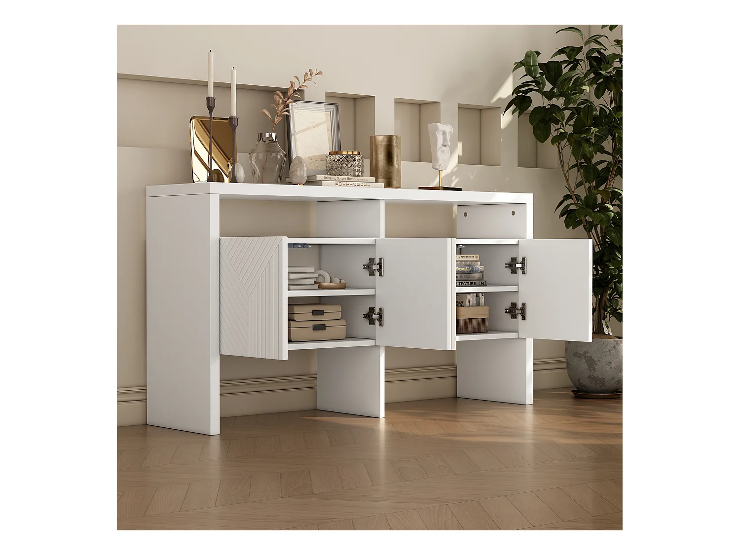 Buffet moderno 140 x 35 x 75 cm - con 4 puertas - 2 compartimentos abiertos - MDF - Blanco