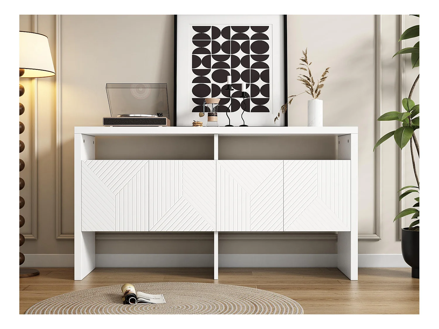 Buffet moderne140x35x75cm- avec 4 portes - 2 compartiments ouverts - MDF - Blanc