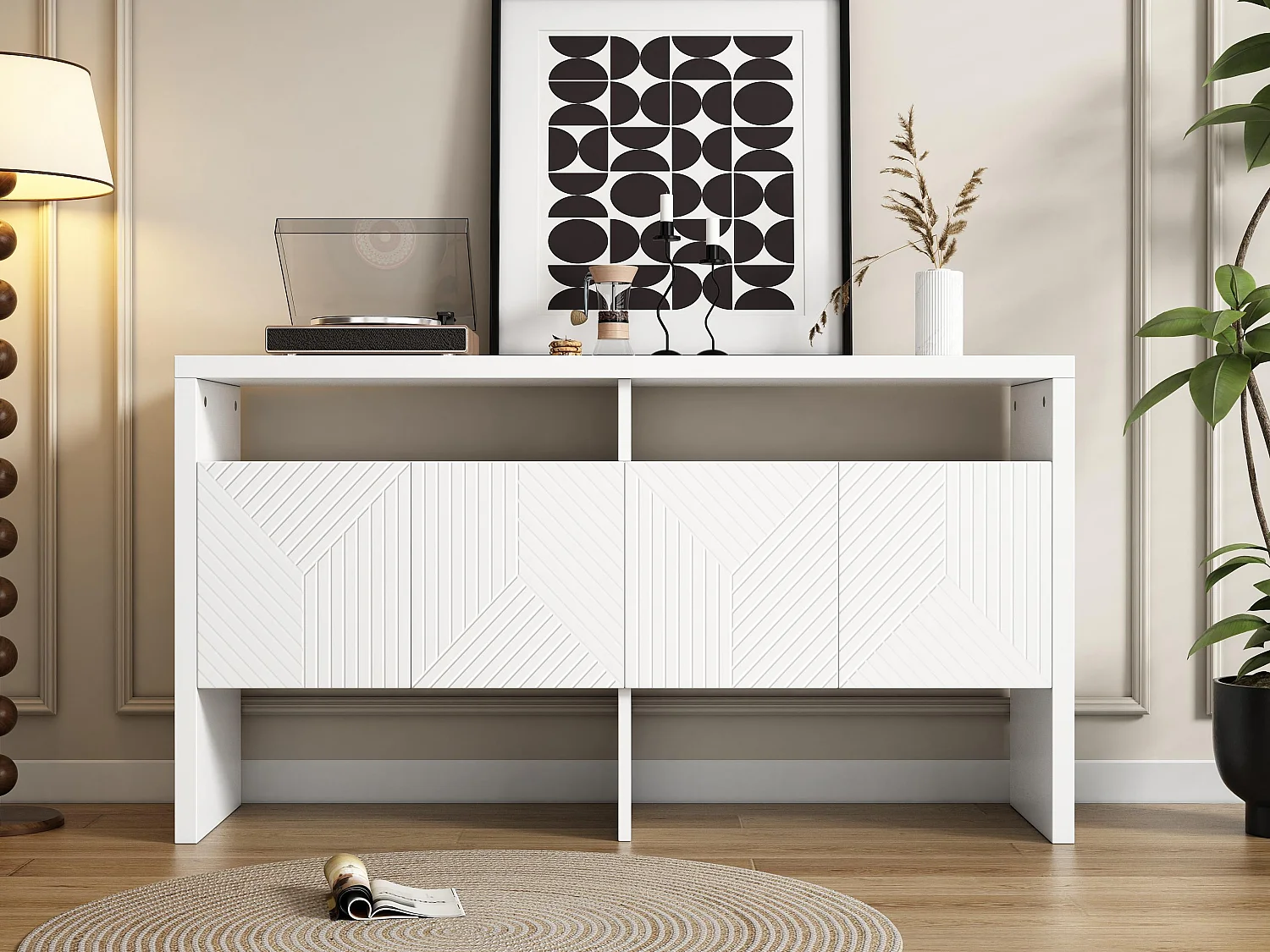 Buffet moderne140x35x75cm- avec 4 portes - 2 compartiments ouverts - MDF - Blanc
