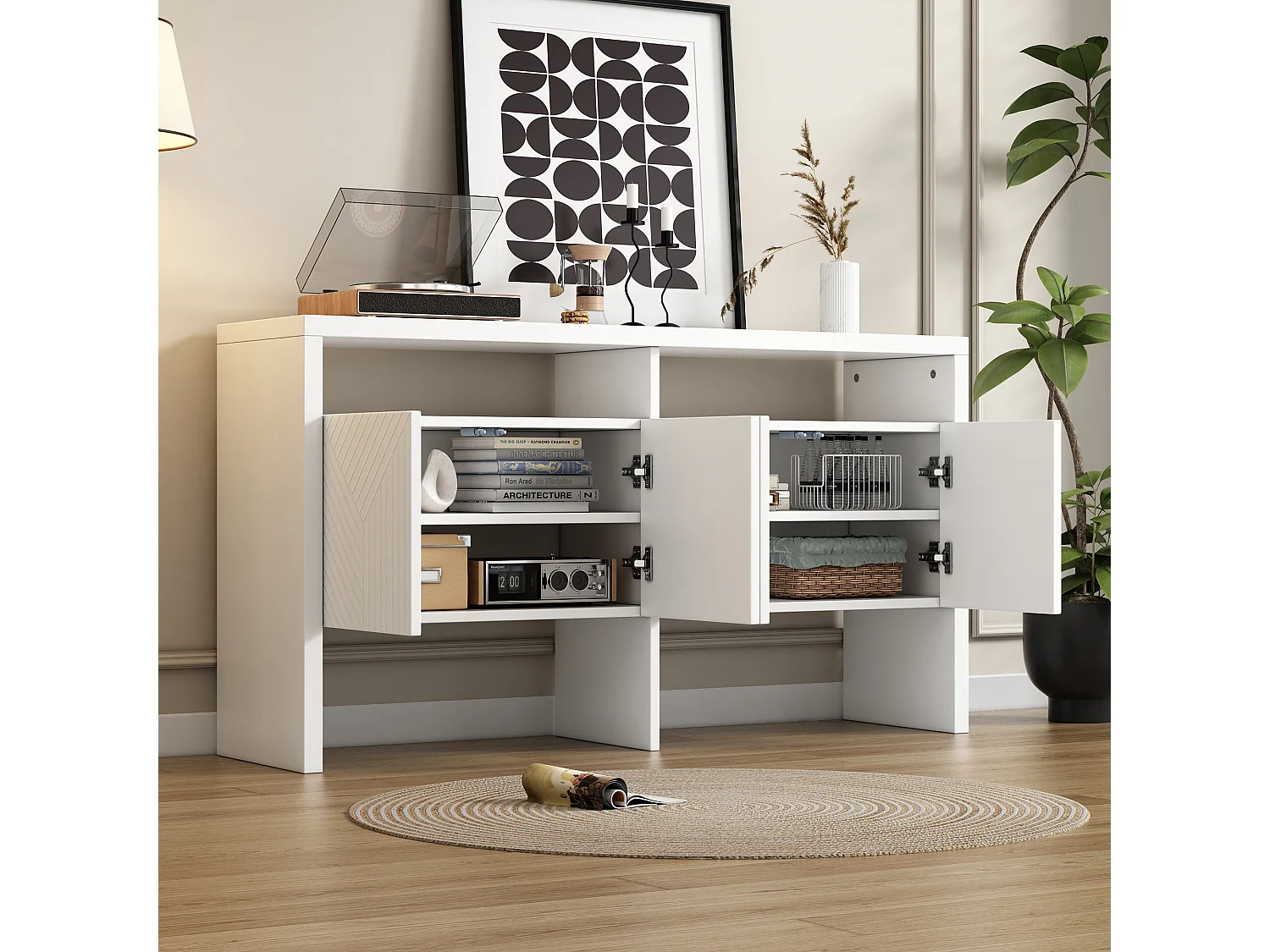 Buffet moderne140x35x75cm- avec 4 portes - 2 compartiments ouverts - MDF - Blanc