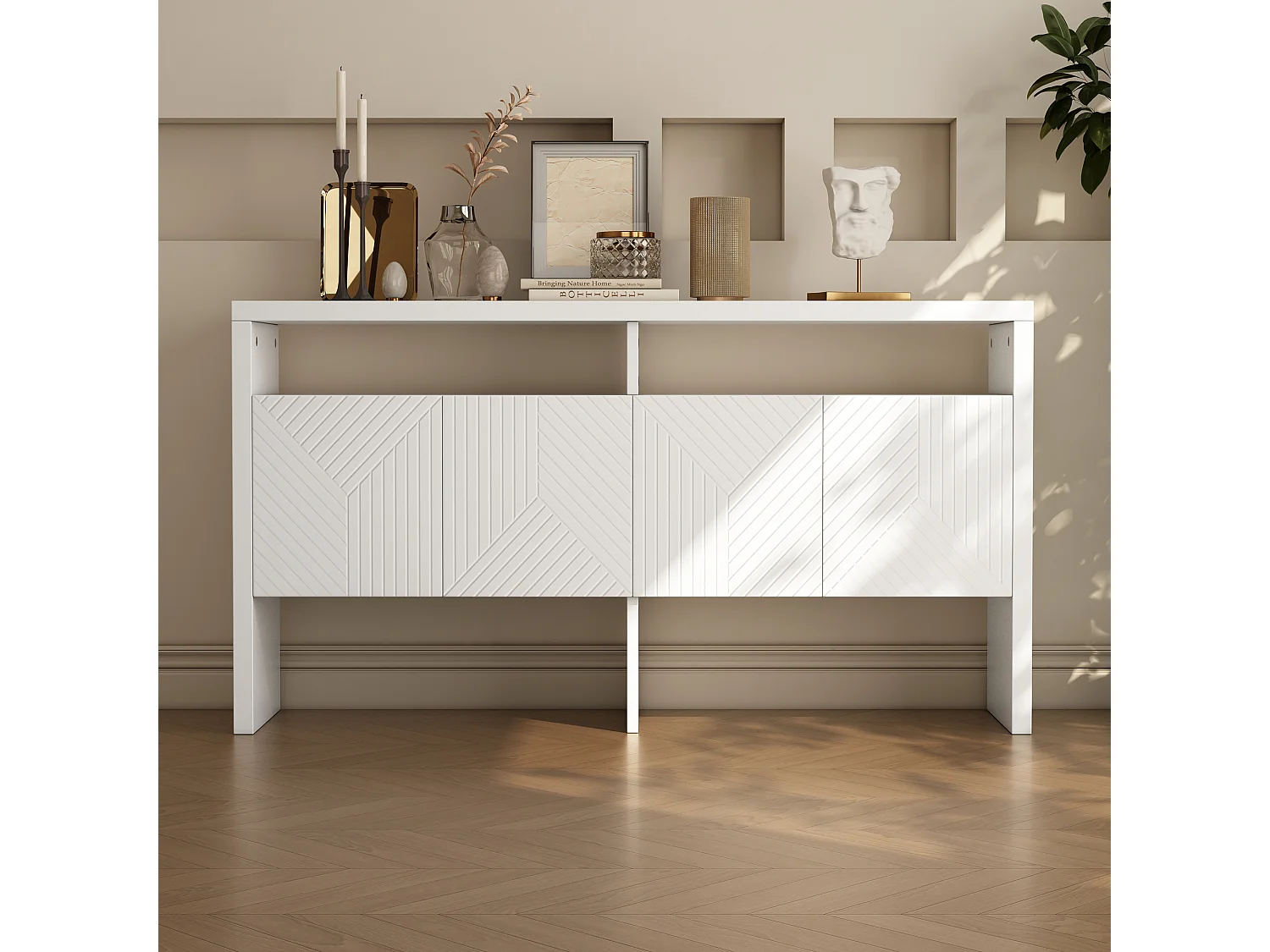 Buffet moderne140x35x75cm- avec 4 portes - 2 compartiments ouverts - MDF - Blanc
