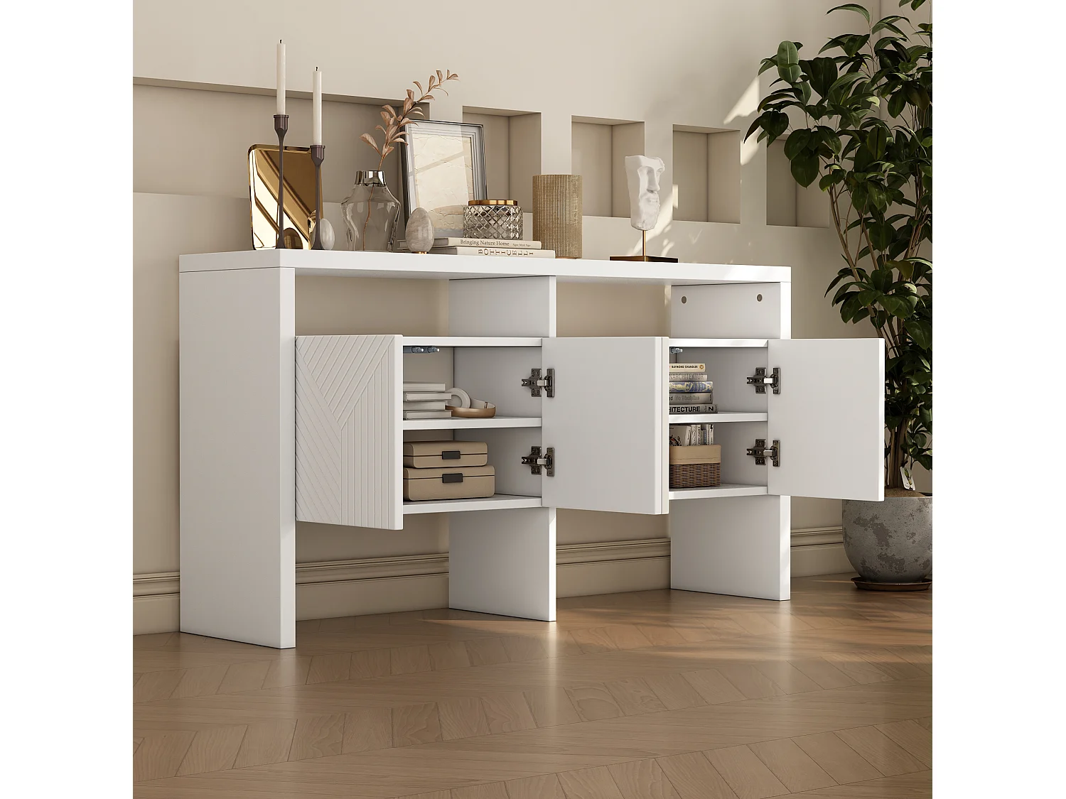 Buffet moderne140x35x75cm- avec 4 portes - 2 compartiments ouverts - MDF - Blanc