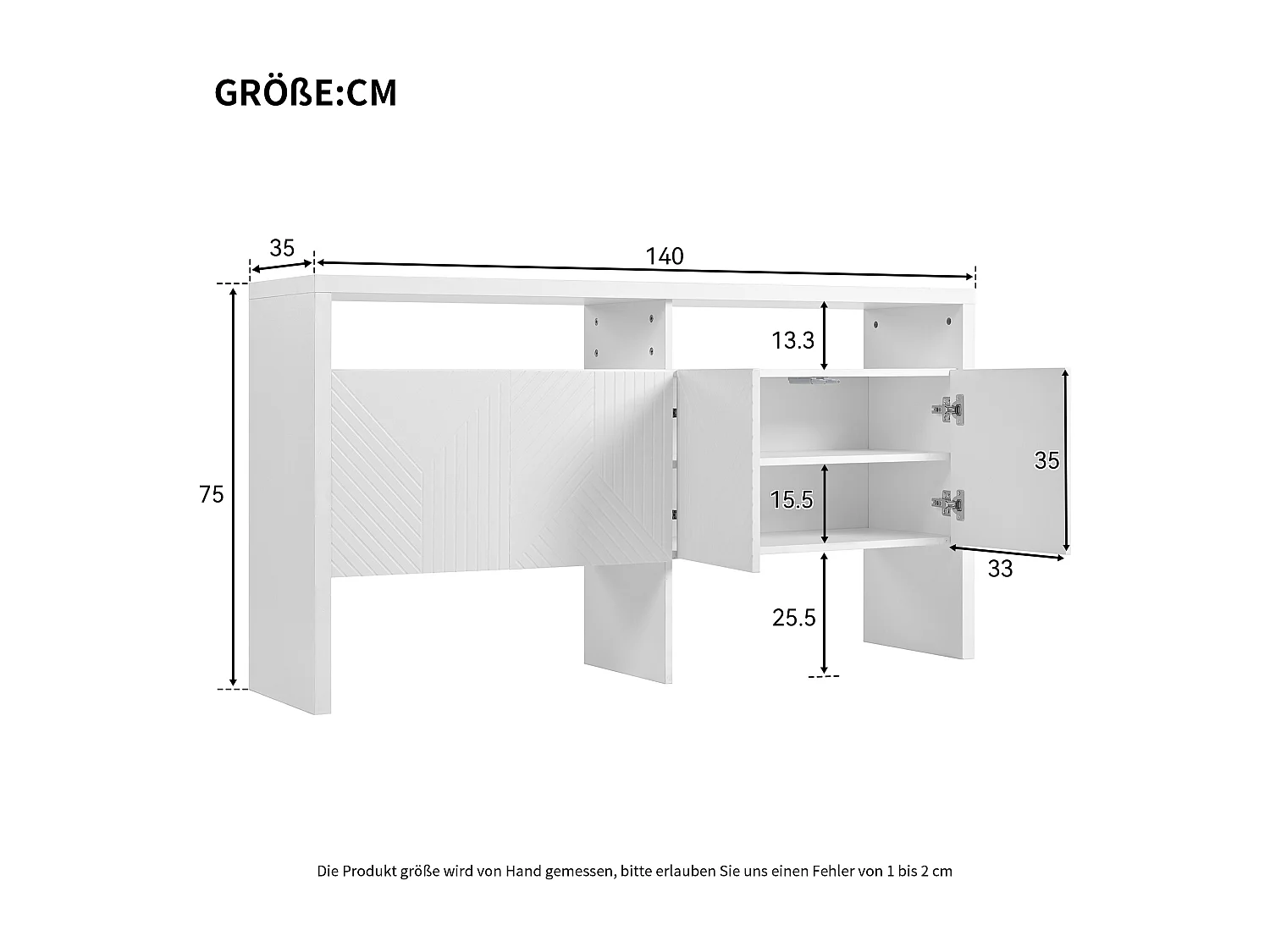 Buffet moderne140x35x75cm- avec 4 portes - 2 compartiments ouverts - MDF - Blanc