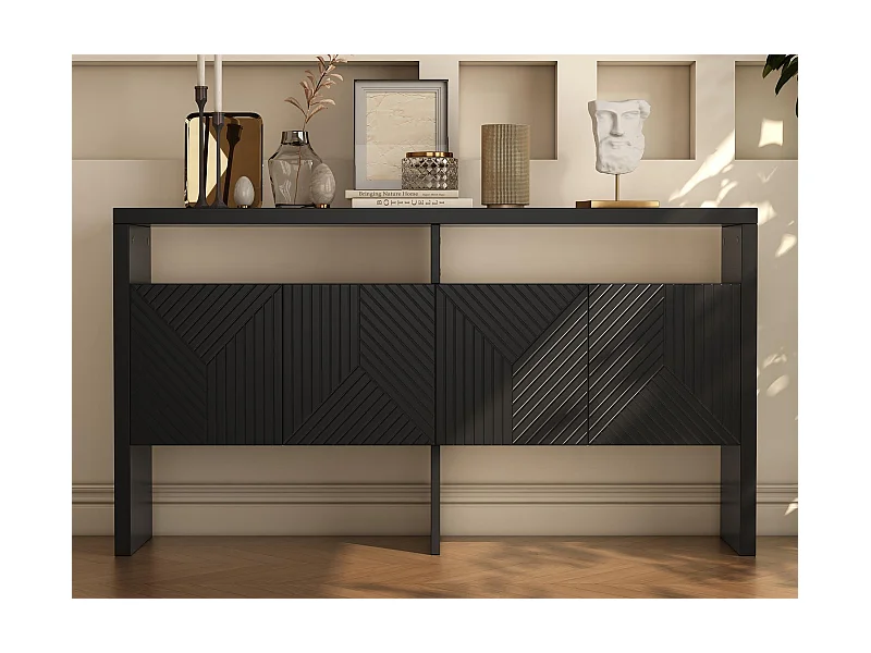 Buffet moderne140x35x75cm- avec 4 portes - 2 compartiments ouverts - MDF - Noir