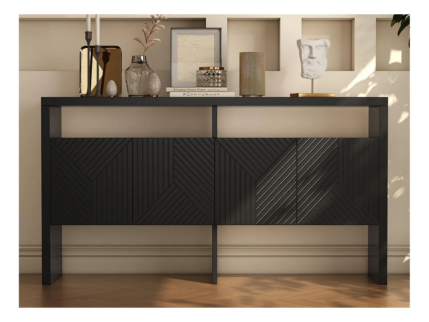 Buffet moderne140x35x75cm- avec 4 portes - 2 compartiments ouverts - MDF - Noir
