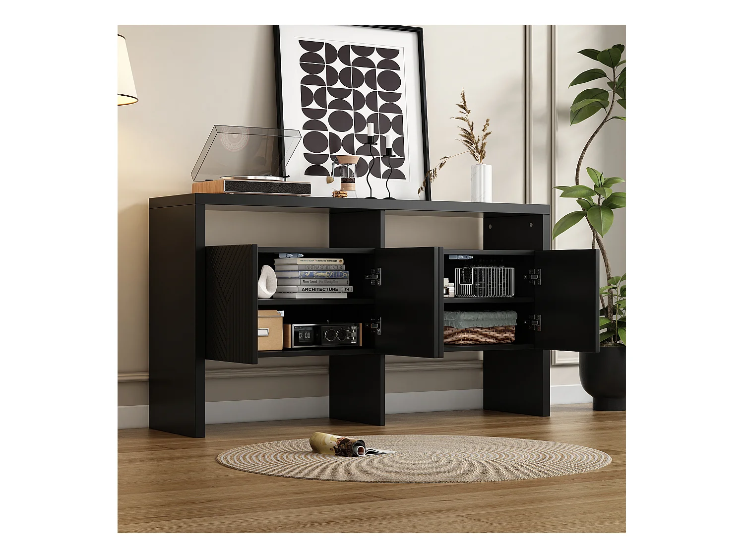 Buffet moderno 140x35x75 cm - con 4 puertas - 2 compartimentos abiertos - MDF - Negro