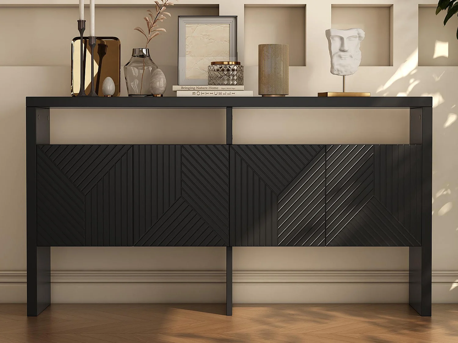 Moderne Anrichte 140x35x75 cm - mit 4 Türen - 2 offenen Fächern - MDF - Schwarz