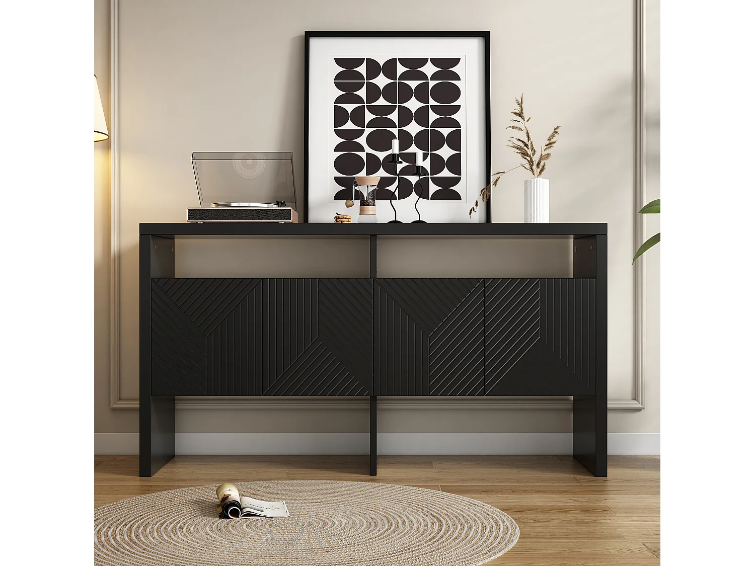 Moderne Anrichte 140x35x75 cm - mit 4 Türen - 2 offenen Fächern - MDF - Schwarz