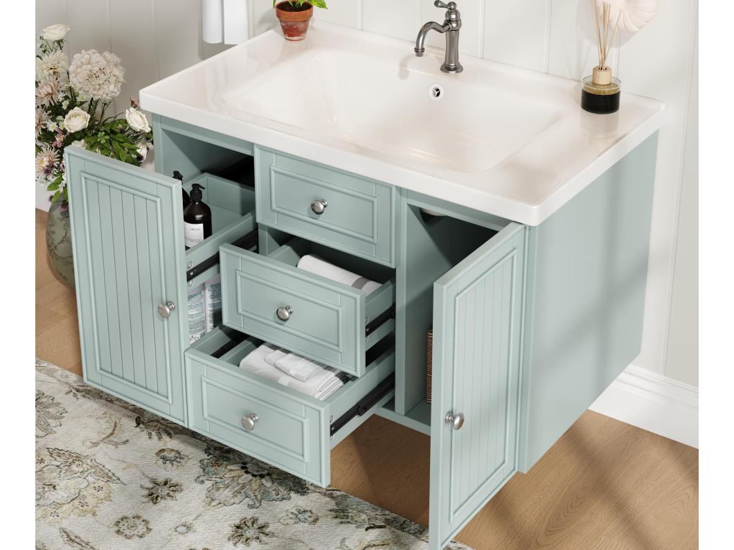 Mueble de baño con lavabo de cerámica - 3 cajones y 1 puerta - Verde (grifo no incluido)