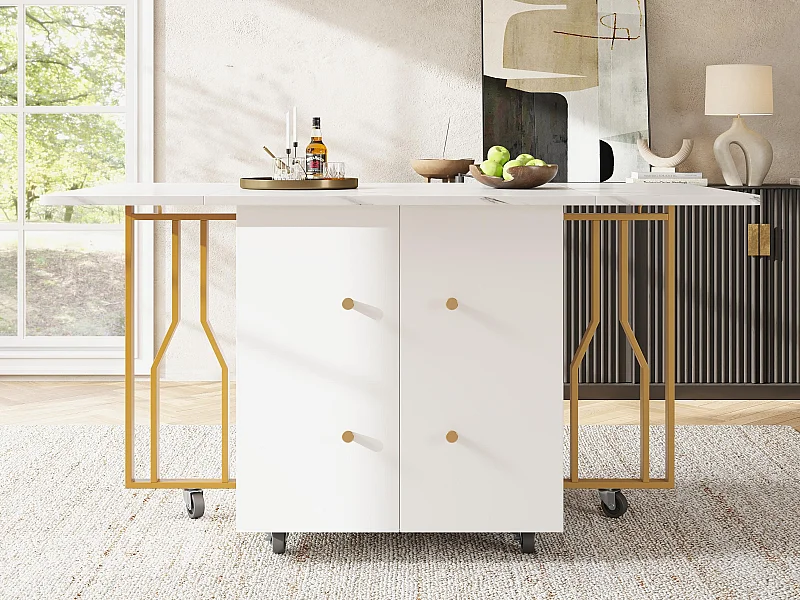 Table à manger extensible - pieds en métal - avec 2 portes - avec 6 roulettes - blanc + doré