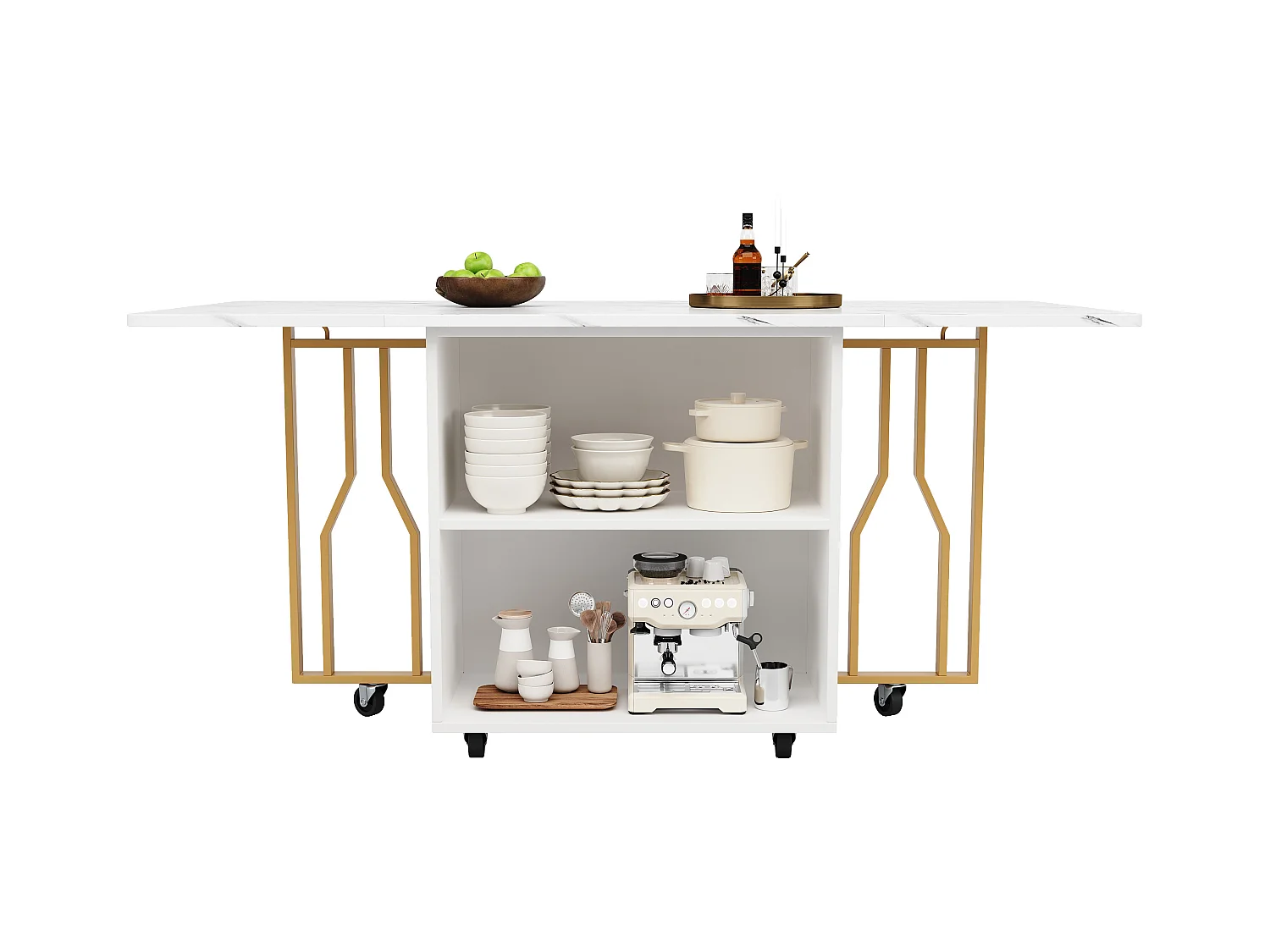 Uitschuifbare eettafel - Metalen poten - Met 2 deuren - Met 6 wieltjes - Wit + Goud
