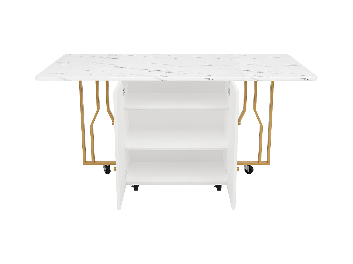 Uitschuifbare eettafel - Metalen poten - Met 2 deuren - Met 6 wieltjes - Wit + Goud