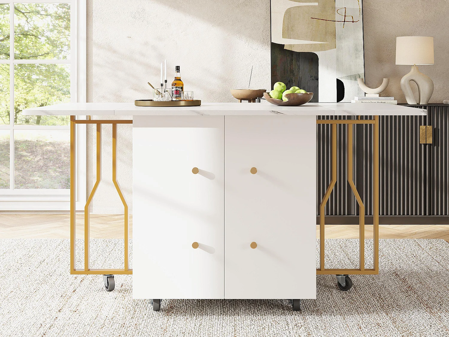 Table à manger extensible - pieds en métal - avec 2 portes - avec 6 roulettes - blanc + doré