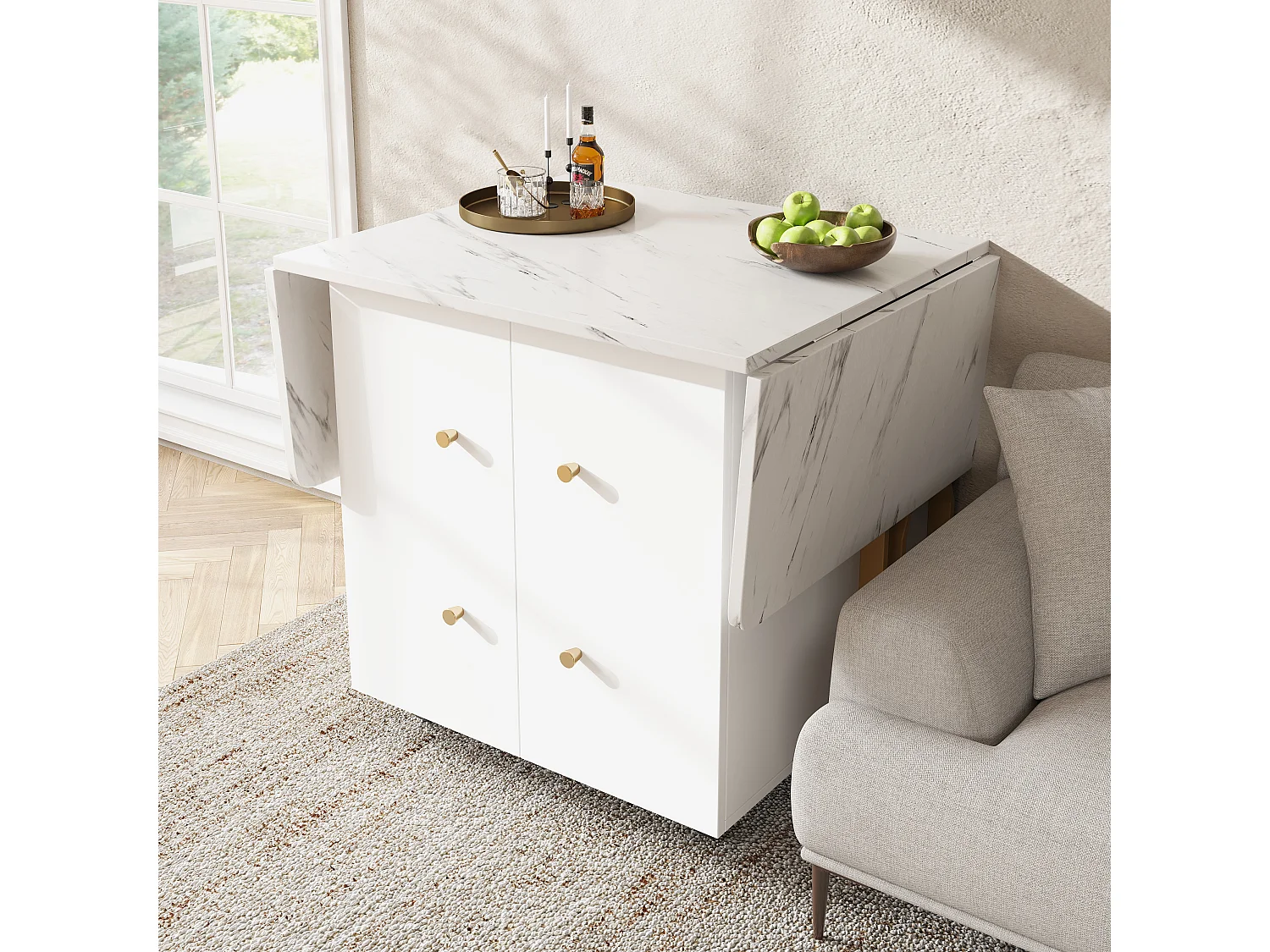 Table à manger extensible - pieds en métal - avec 2 portes - avec 6 roulettes - blanc + doré