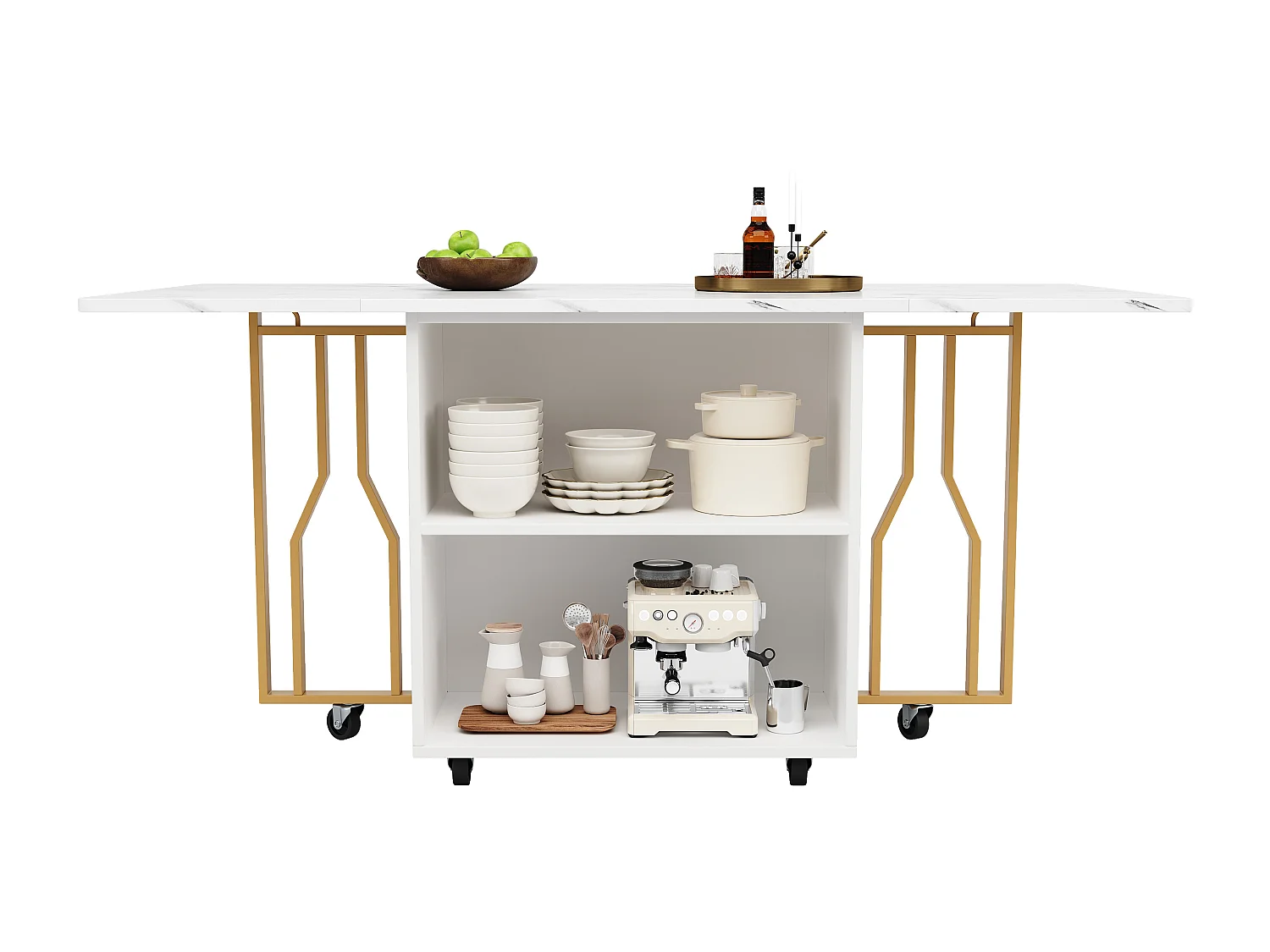 Table à manger extensible - pieds en métal - avec 2 portes - avec 6 roulettes - blanc + doré