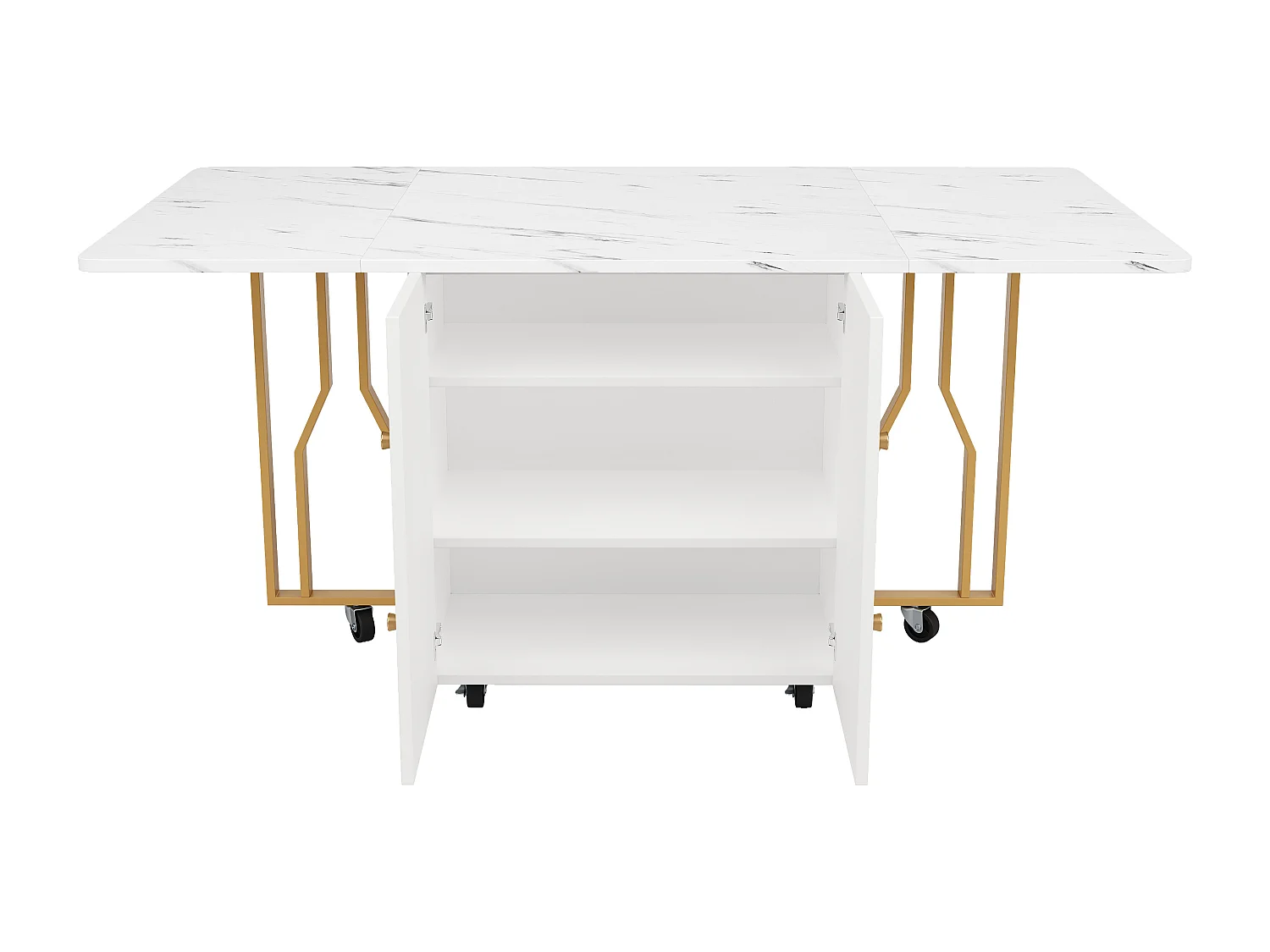 Table à manger extensible - pieds en métal - avec 2 portes - avec 6 roulettes - blanc + doré
