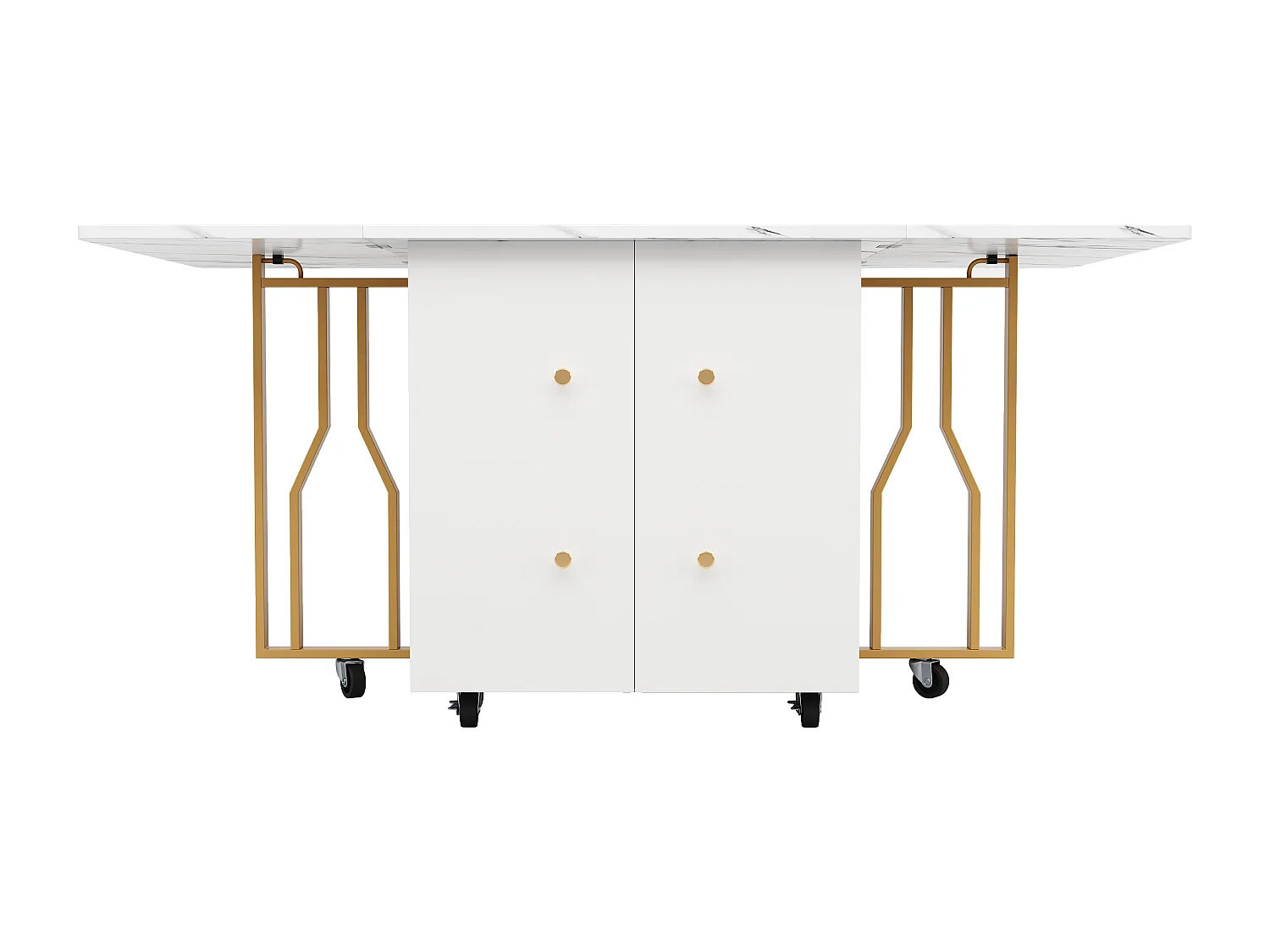 Table à manger extensible - pieds en métal - avec 2 portes - avec 6 roulettes - blanc + doré