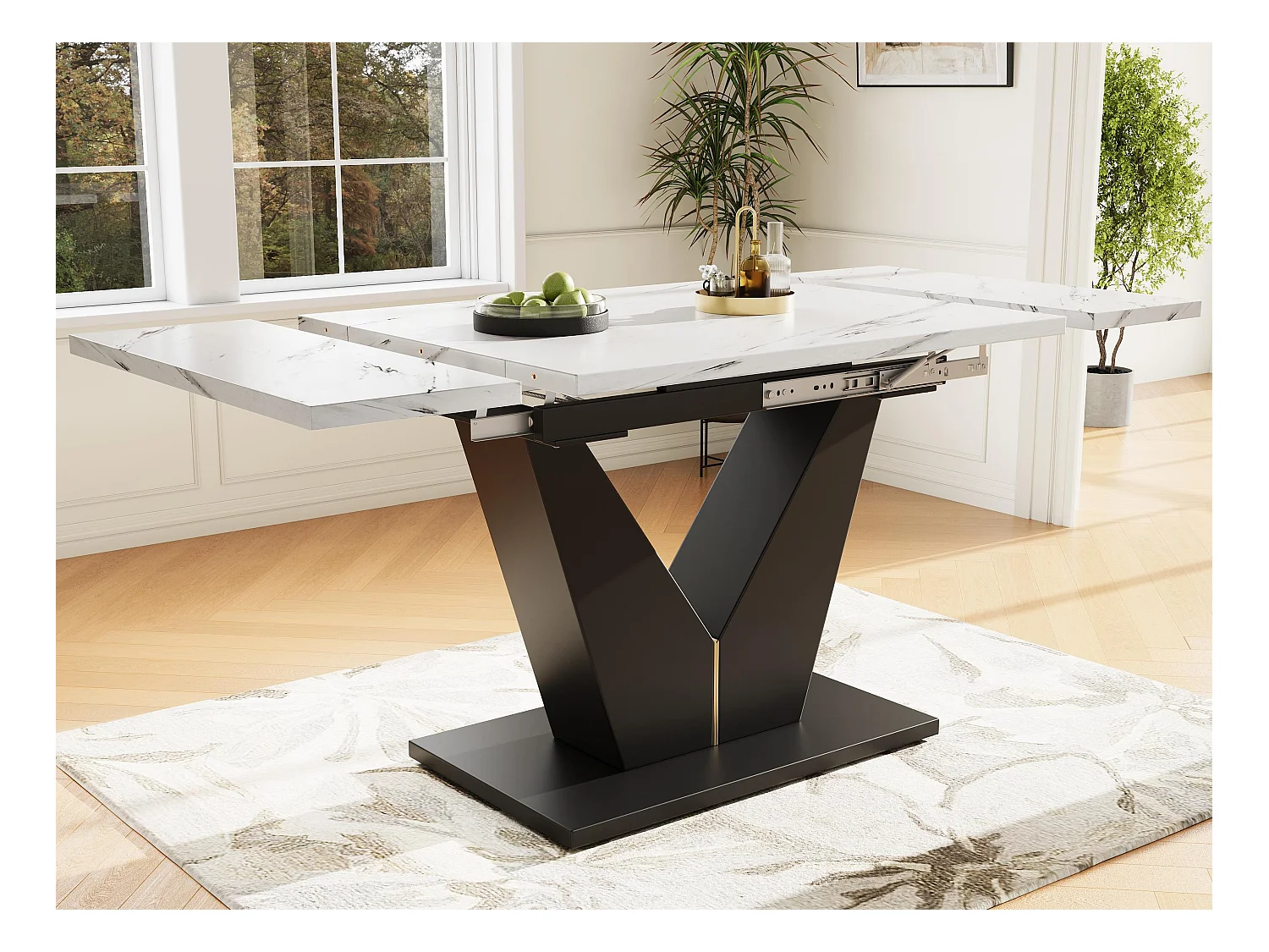 Table à manger extensible 99-159x75x75cm - 6 à 8 personnes - en MDF - Blanc + Noir