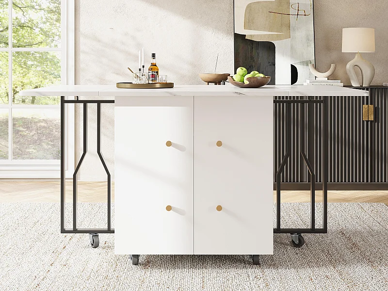 Stół rozsuwany - Nogi metalowe - Z 2 drzwiczkami - Z 6 kółkami - Biały + Czarny
