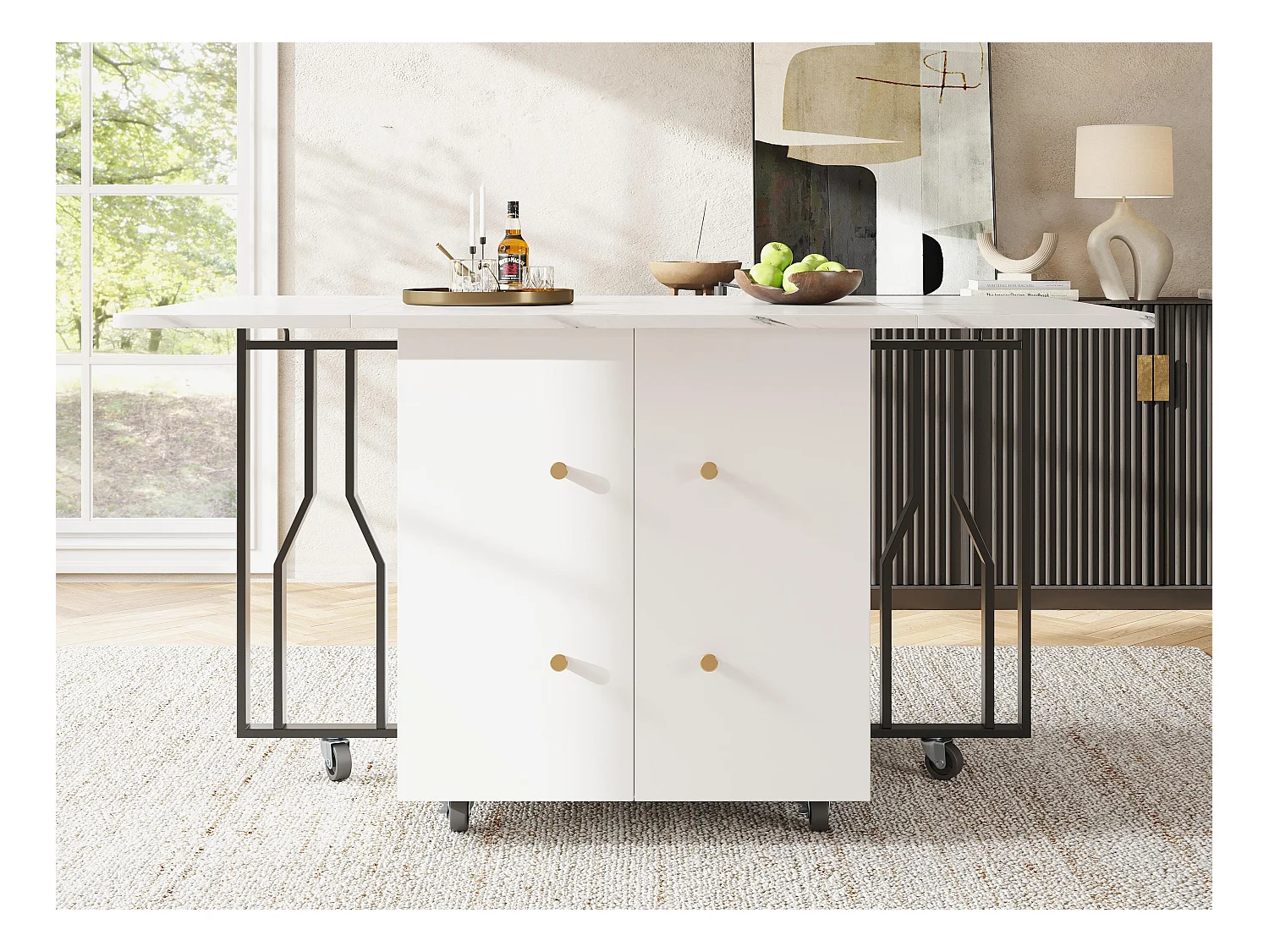 Uitschuifbare eettafel - Metalen poten - Met 2 deuren - Met 6 wieltjes - Wit + Zwart