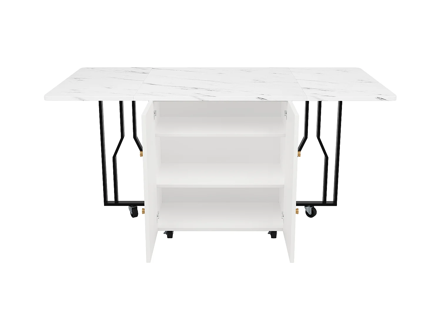 Uitschuifbare eettafel - Metalen poten - Met 2 deuren - Met 6 wieltjes - Wit + Zwart